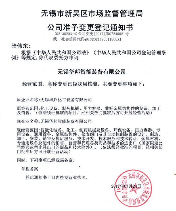 無錫華邦化工設(shè)備有限公司變更通知！